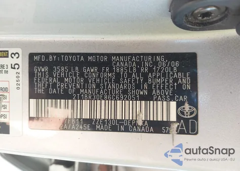 2006 Toyota Corolla Le z USA, uszkodzony, nr VIN 2T1BR30E86C692051